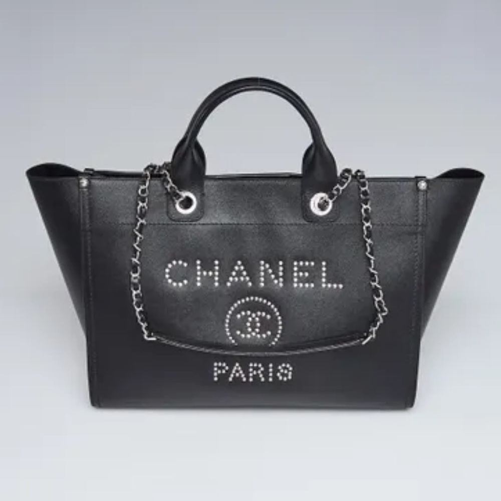 CHANEL Black Caviar Leather Studded Large Deauville Tote Bag SHW